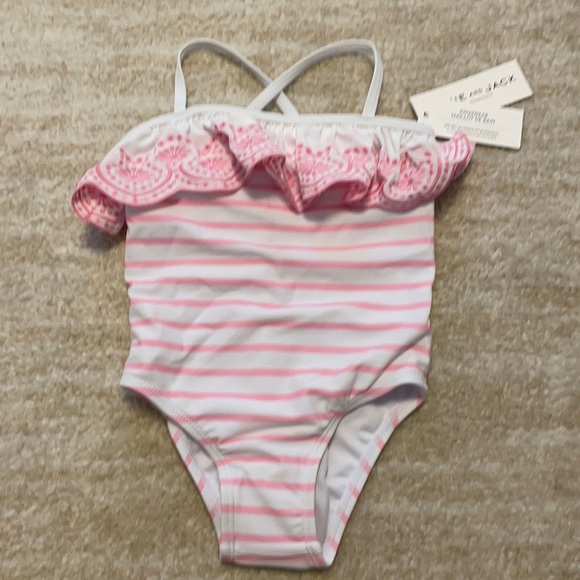 Janie and Jack Other - Janie and Jack Pink striped bathing suit with appliqué details!